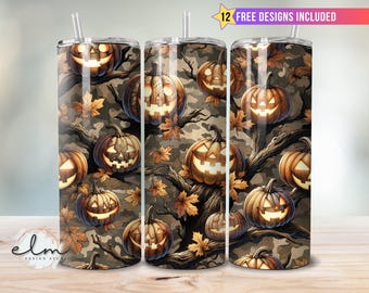 Camo Jack-O-Lantern Tumbler Wrap 20oz Skinny Sublimation Design, Happy Halloween Fall Spooky Camouflage Pumpkin Funny Digital Download png