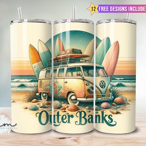 May include: A white and yellow vintage van with surfboards on the roof, parked on a beach with seashells and the text "Outer Banks".