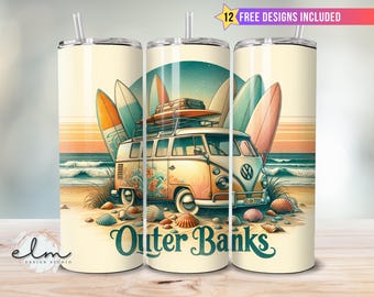 Outer Banks Beach Van 20oz Skinny Tumbler Sublimation Wrap Design, OBX North Carolina Seamless Pogue Life P4L Inspired, Digital Download png