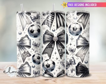 Coquette Soccer Bow Wrap Tumbler 20oz Skinny Sublimation Design, Black & White Bows Football Mom Bougie Glam Checkered Mama Download png
