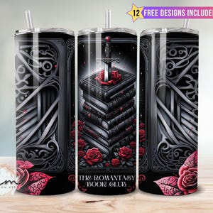 Karta tarota Romantasy Book Club 20 uncji chudy kubek sublimacyjny projekt opakowania romans pikantne książki książkowy obsceniczny moralnie szary fantasy czytanie png