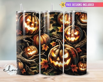 Camo Jack-O-Lantern Tumbler Wrap 20oz Skinny Sublimation Design, Happy Halloween Fall Spooky Camouflage Pumpkin Funny Digital Download png