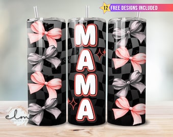 Checkered Mama Tumbler Wrap 20oz Skinny Sublimation Design, Retro Grunge Halloween Orange Black Bows Mom Mother's Day Coquette Bow Momma png