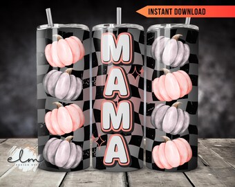 Checkered Pumpkin Mama 20oz Skinny Tumbler Wrap PNG (Digital Download) | Retro Halloween Pumpkins Sublimation