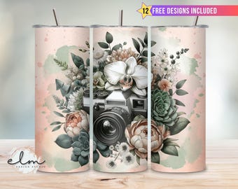 Vintage Watercolor Wildflower Camera Floral 20oz Skinny Tumbler Sublimation Wrap Design, Orchid Peony Boho Flowers Wedding Photography png