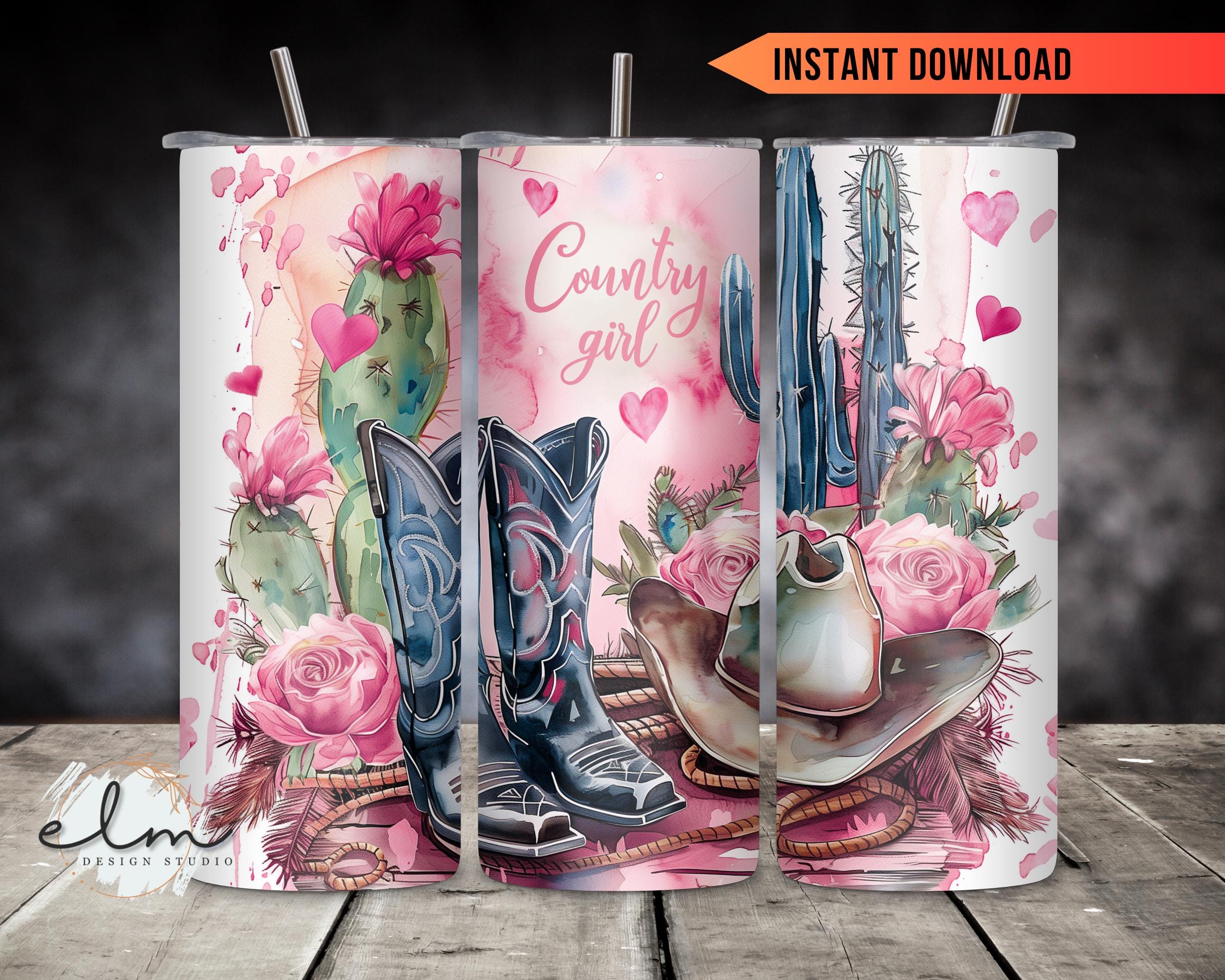 Western Pink Country Girl 20oz Skinny Sublimation Tumbler Wrap Design ...
