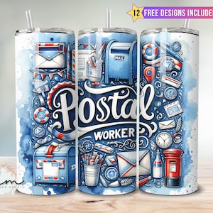Trabalhador dos Correios 20oz Skinny Tumbler Sublimação Design Wrap Cute Mail Carrier Carta Selo Colagem Mail Man Postie Design Digital Download png
