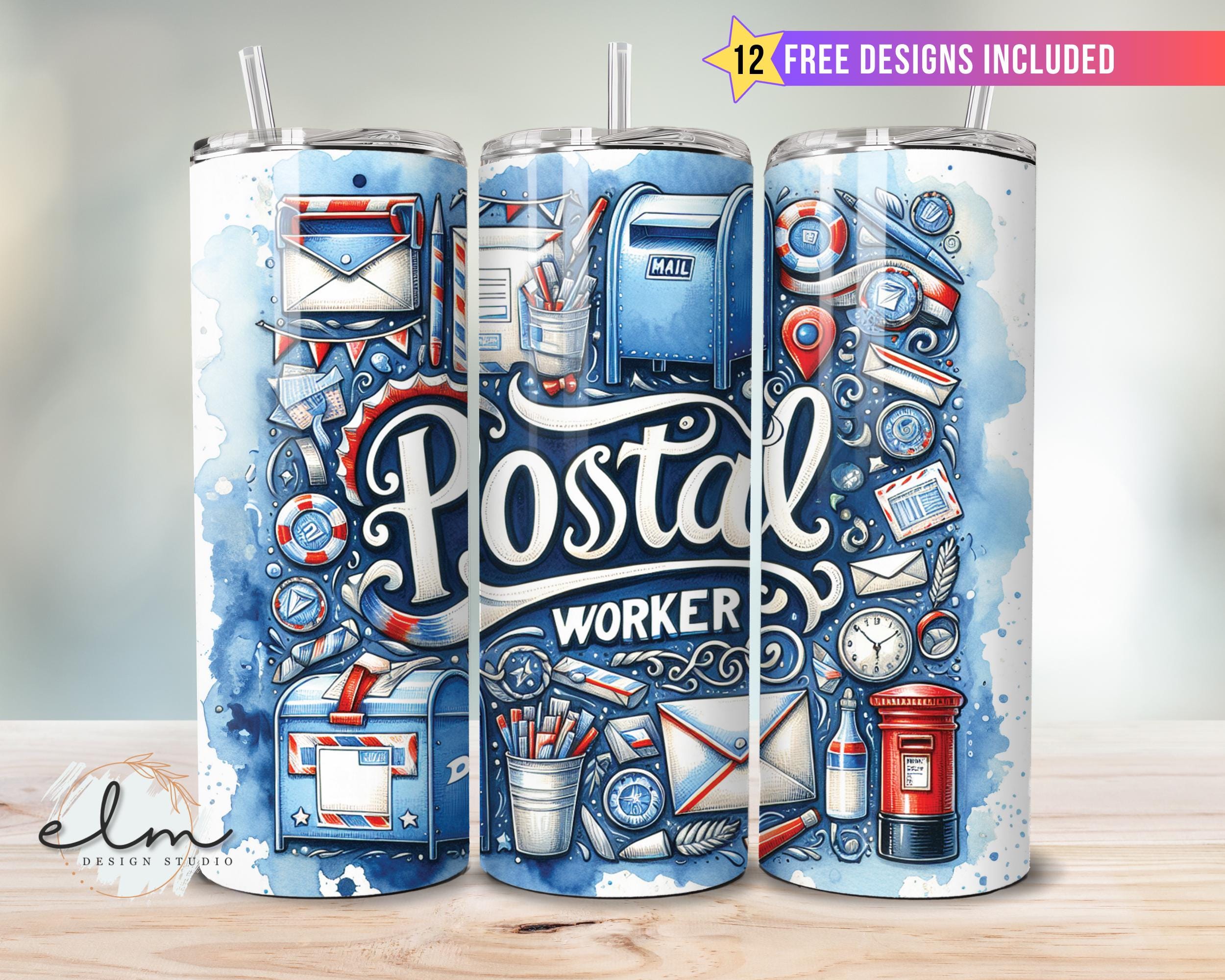 Postal Worker 20oz Skinny Tumbler Sublimation Design Wrap Cute Mail Carrier Letter Stamp Collage Mail Man Postie Design Digital Download png