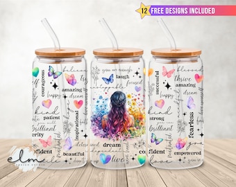 Plantilla de diseño de sublimación para envolver latas de vidrio de 16 oz con afirmaciones positivas, descarga digital, jarra para beber con forma de vaso de Libbey, inspiración mental png