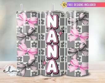 Checkered Nana Tumbler Wrap 20oz Skinny Sublimation Design, Retro Grunge Pink Bows Mom Grandma Grandmother Coquette Bow Digital Download png