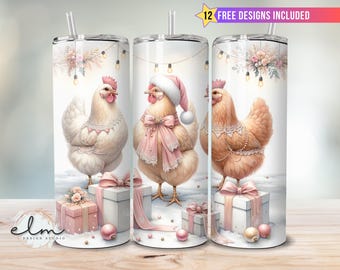Chicken Christmas 20oz Skinny Tumbler Wrap PNG (Digital Download) | Pink Coquette Bows Sublimation Design