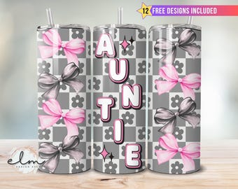 Checkered Auntie Tumbler Wrap 20oz Skinny Sublimation Design, Retro Grunge Grey Pink Bows Mom Aunt  Sister Coquette Bow Digital Download png