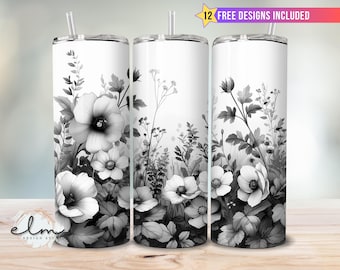 Black and White Floral Wildflowers 20oz Skinny Tumbler Sublimation Wrap Design Cute Flower Vintage Boho Wedding Flowers Digital Download png
