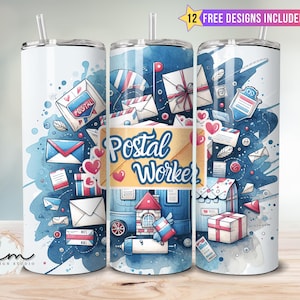 Travailleur des postes Gobelet mince 20 oz Sublimation Design Wrap Mignon facteur de lettre timbre collage Mail Man Postie Design téléchargement numérique png