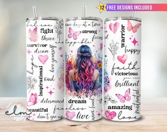Vaso delgado de 20 oz con diseño de envoltura de sublimación para concientización sobre el cáncer de mama inspirador, mariposa con lazo rosa y afirmaciones positivas png