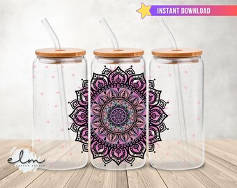 Sweary Mandala Hidden Cuss Word 16oz Glass Can Wrap Download Design, Snarky Sarcastic Tie Dye Curse Word Fuck png Libbey sipper jar tumbler