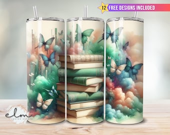 Fantasy Readers Society 20oz Skinny Tumbler Sublimation Wrap Design, Romantasy Bookish Book Lover Reader Butterflies Digital Download png