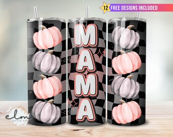Checkered Mama Tumbler Wrap 20oz Skinny Sublimation Design, Retro Grunge Pumpkin Mom Halloween Orange Black Pumpkins Jack Momma Download png