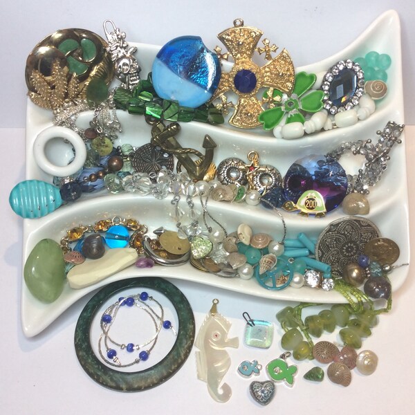 DESTASH LOT Sea Dreams Blues Greens Golds Silvers Repair Harvest Junk Jewellery Craft Decorate Embellish Recycle