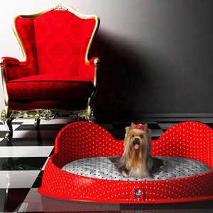 Small pet bed, cute dog and cat bed furniture washable designer cushion Handmade Red colour small bed with white polka dots. Made in Italy image 4