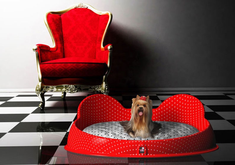 Small pet bed, cute dog and cat bed furniture washable designer cushion Handmade Red colour small bed with white polka dots. Made in Italy image 4