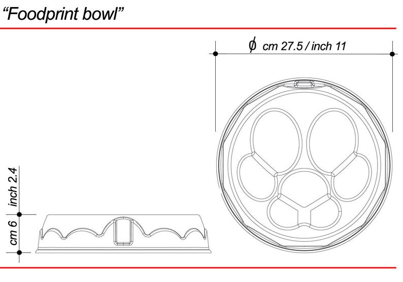 Puede incluir: Un dibujo en blanco y negro de un "Foodprint bowl" con un di&aacute;metro de 27,5 cm (11 pulgadas). El bol tiene un dise&ntilde;o &uacute;nico con m&uacute;ltiples compartimentos.