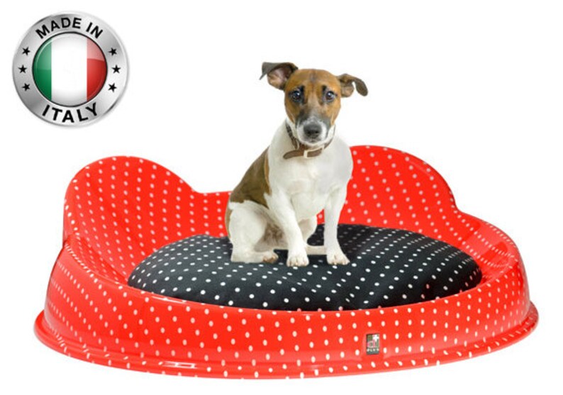 Small pet bed, cute dog and cat bed furniture washable designer cushion Handmade Red colour small bed with white polka dots. Made in Italy image 3
