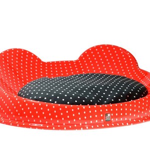 Small pet bed, cute dog and cat bed furniture washable designer cushion Handmade Red colour small bed with white polka dots. Made in Italy image 8