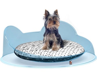 Caseta de diseño para perros pequeños y gatos en metacrilato azul transparente con cojín extraíble. Sofá para perro lavable hecho en Italia.