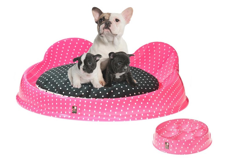 Puede incluir: Una cama para perros de color rosa con lunares blancos y un coj&iacute;n negro con lunares blancos. Tres bulldogs franceses est&aacute;n sentados en la cama. Un cuenco para perros de color rosa con lunares blancos est&aacute; en primer plano.