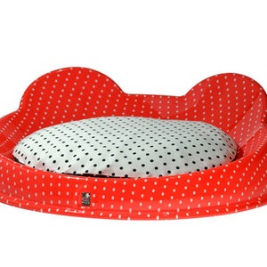 Small pet bed, cute dog and cat bed furniture washable designer cushion Handmade Red colour small bed with white polka dots. Made in Italy image 6