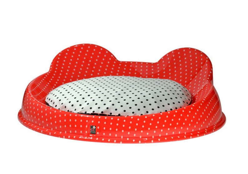 Small pet bed, cute dog and cat bed furniture washable designer cushion Handmade Red colour small bed with white polka dots. Made in Italy image 6
