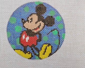 Hand Painted Needlepoint Canvas 3&quot; round ornament Mickey Mouse Disney 18 mesh