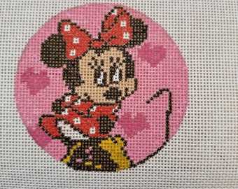 Hand Painted Needlepoint Canvas 3&quot;  round ornament Minnie Mouse Disney 18 mesh