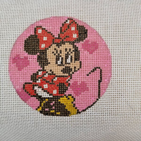 Hand Painted Needlepoint Canvas 3"  round ornament Minnie Mouse Disney 18 mesh