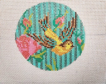 Hand Painted Needlepoint Canvas 3" round ornament Hummingbird Modern
