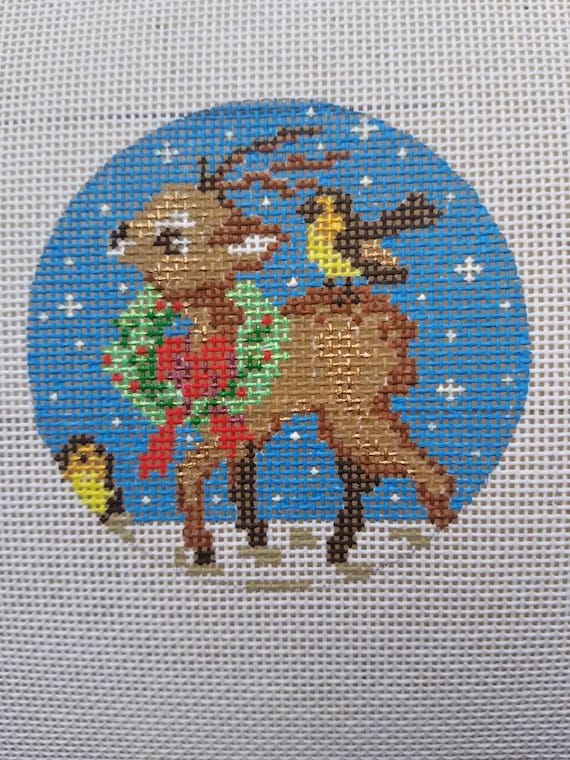 Hand Painted Needlepoint Canvas 3 round ornament Reindeer Christmas 18 mesh