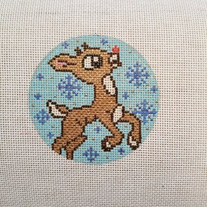 Hand Painted Needlepoint Canvas 3&quot; round ornament Rudolph Red Nose Reindeer Christmas 18 mesh