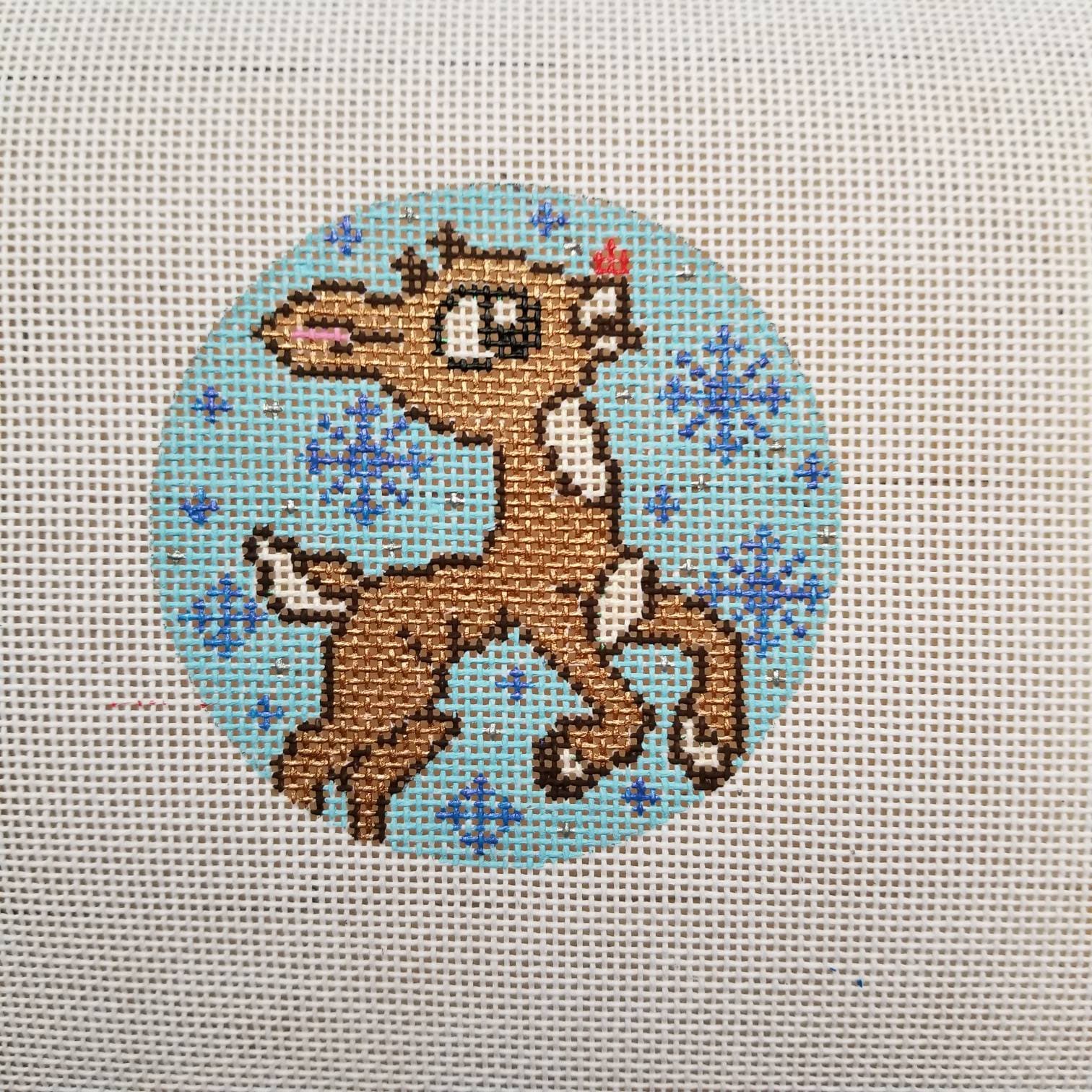 Hand Painted Needlepoint Canvas 3" round ornament Rudolph Red Nose Reindeer Christmas 18 mesh