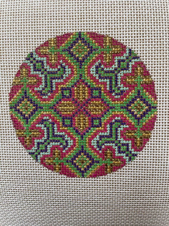 Hand Painted Needlepoint Canvas 3' round ornament 18 mesh