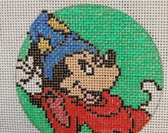 Hand Painted Needlepoint Canvas 3&quot; round ornament Mickey Mouse Disney 18 mesh