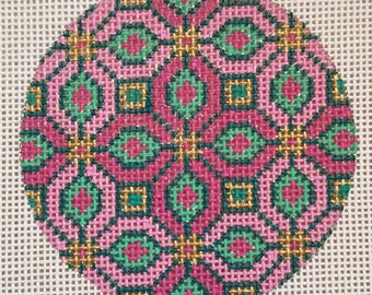 Hand Painted Needlepoint Canvas 3' round ornament Bargello Modern Geometric 18 or 14 mesh