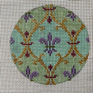 Hand Painted Needlepoint Canvas 3&quot; round ornament Fluer De Lis 18 mesh