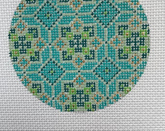 Hand Painted Needlepoint Canvas 3" round ornament Bargello 18 mesh