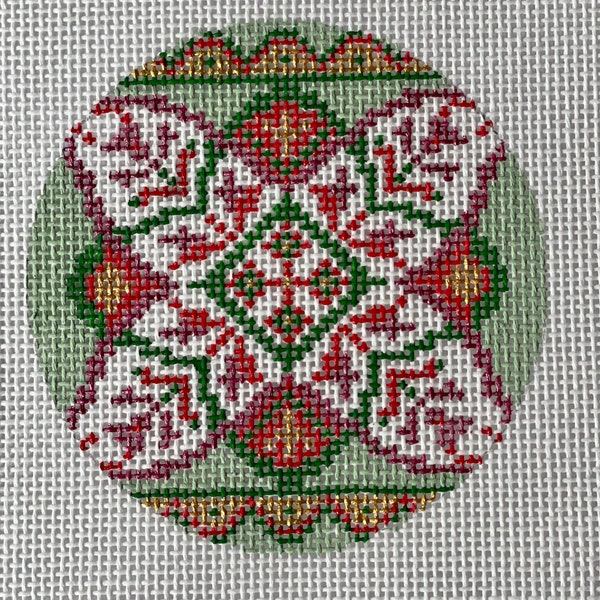 Hand Painted Needlepoint Canvas 3” round ornament 18 and 14 mesh