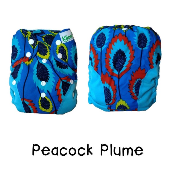 US: Cloth Diaper Cover One Size Birth to Potty (10-35 lbs), Peacock Plume, Wipeable and Adjustable, Limited Edition Prints, Ships from US