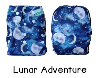 US: Cloth Diaper Cover One Size Birth to Potty (10-35 lbs), Lunar Adventure, Wipeable and Adjustable, Limited Edition Prints, Ships from US