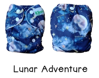 UK: Newborn Wrap (3-7 kgs), Adjustable and Wipeable, Limited Edition Lunar Adventure Print, Newborn Cloth Nappy Wrap, Ships from UK