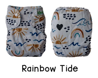 US: Cloth Diaper Cover One Size Birth to Potty (10-35 lbs), Rainbow Tide, Wipeable and Adjustable, Limited Edition Prints, Ships from US