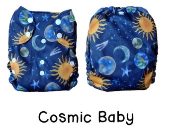 US: Cloth Diaper Cover One Size Birth to Potty (10-35 lbs), Cosmic Baby, Wipeable and Adjustable, Limited Edition Prints, Ships from US